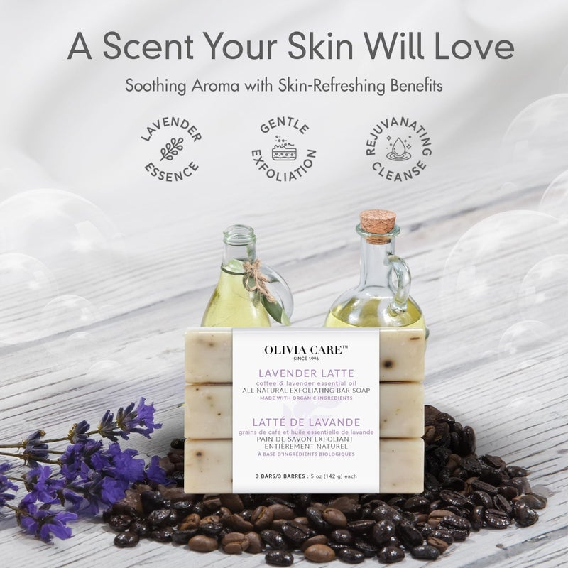 Olivia Care Exfoliating Bar Soap Lavender Latte 3 Pack Natural, Organic. Infused with Coffee Bean & Lavender Essential Oil - 3 X 5 OZ - Image 4